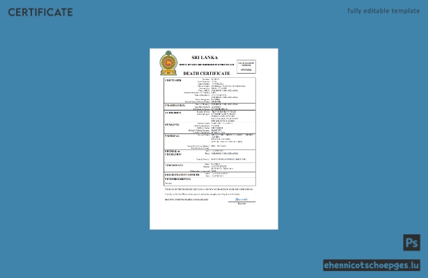 Sri Lanka Personenstandsurkunde (Sterbeurkunde) – Beispielansicht (Word und PDF)